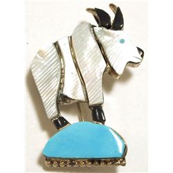 Zuni Multi-Stone Inlay Mountain Goat Sterling Silver Pendant & Pin - Stephan Lonjose