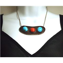 Vintage Old Pawn Navajo Coral & Turquoise Sterling Silver Necklace