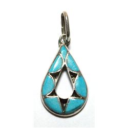 Zuni Turquoise Small  Teardrop Sterling Silver Pendant - Emma Bowekaty