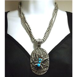 Navajo Turquoise Sterling Silver Spider & Web Navajo Pearl Necklace - Darren Livingston