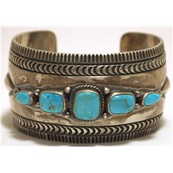 Old Pawn Navajo Sleeping Beauty Turquoise Sterling Silver Cuff Bracelet - Aaron Toadlena