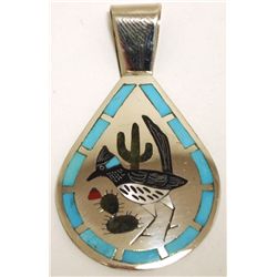 Zuni Multi-Stone Inlay Road Runner Sterling Silver Pendant - Dennis & Nancy Edaakie