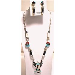 Zuni Multi-Stone Sterling Silver Eagle Dancer with Spinners Necklace & Earrings Set - Don Dewa