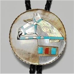 Zuni Multi-Stone Gold Tone Horse Sterling Silver Bolo Tie - Bobby Concho