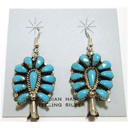 Navajo Turquoise Sterling Silver Squash Blossom French Hook Earrings - Lisa Williams