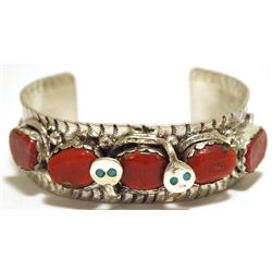 Zuni Coral Sterling Silver Snake with Turquoise Eyes Cuff Bracelet - Effie Calavaza