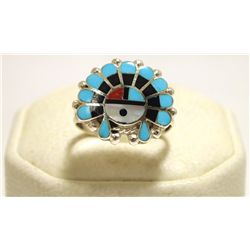 Zuni Multi-Stone Inlay Sun Face Sterling Silver Women's Ring - Emma Romancito