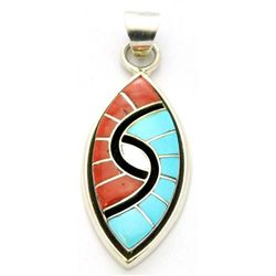 Zuni Coral & Turquoise Sharp Oval Pendant - Amy Quandelacy