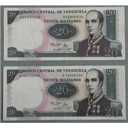 2 Venezuela 20 Bolivares 1967 Crisp Uncirculated