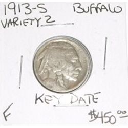 1913-S VARIETY 2 BUFFALO NICKEL *1ST YEAR* RED BOOK VALUE IS $450.00 *EXTREMELY RARE KEY DATE FINE G