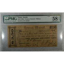1860's  $2 1/2 Military Treasury Warrants Austin TX  PMG58  est  $250-$300
