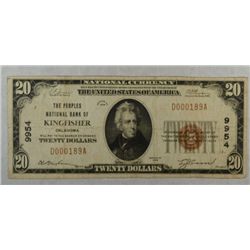 1929 $20 National Peoples NB  Kingfisher OK RARE  RARE F est  $475-$500