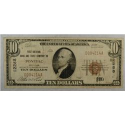 1929 $10 National First NB  Pontiac MI VG/F est  $175$200