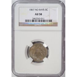 1867 NO RAYS SHIELD NICKEL NGC AU-58