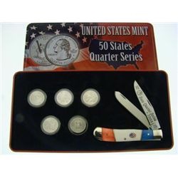 2008 STATE QUARTERS AND TRAPPER KNIFE COLLECTORS SET IN TIN