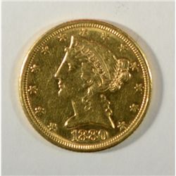 1880  $5 Gold     XF/AU   est  $470-$485