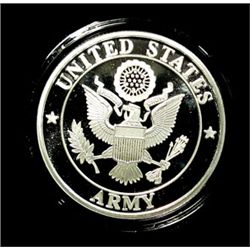 UNITED STATES ARMY PROOF SILVER ART ROUND, ONE Oz. .999 SILVER/CAP. & BOX