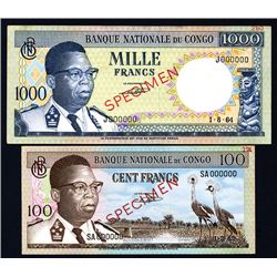 Banque Nationale Du Congo, 100 Francs, 1962 & 1000 Francs, 1964 Issue Specimen Pair.