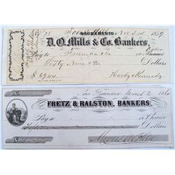 GOLD RUSH ERA CHECKS LOT OF 2: D.O. Mills & Co., Bankers, Forest Hill, California, dated Nov. 3,1859