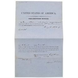 UNITED STATES, PRE- EMPTION NOTICE, 1853: Notice of settled and improvement on land. Notice says in