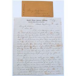 U.S. INTERNAL REVENUE, COLLECTORS OFFICE, NEBRASKA CITY, NEBRASKA,LETTER & ENVELOPE DATED 1867: I.R.