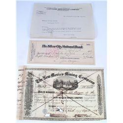NEW MEXICO,EPHEMERA GROUP 1856-1921 LOT OF 3: April 3, 1856 stock from the New Mexico Mining company