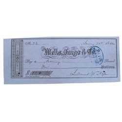 WELLS FARGO, CHECK: Bank check from Wells Fargo & Co., Signed by J.W. Nye, Territorial Gov. of Nevad