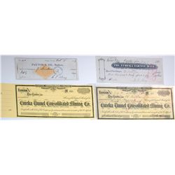 EUREKA NEVADA EPHEMERA GROUP 1877-1890 Lot of 4: Eureka Tunnel Consolidated Mining Co., Stock, locat