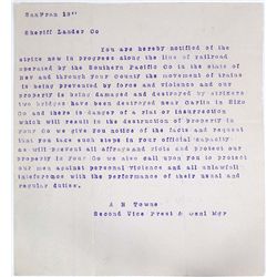 SOUTHERN PACIFIC R/R Letter: To the sheriff of Lander County, Nevada dated 1912? (letter says SanFra