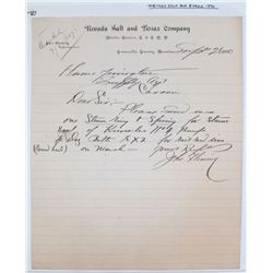 Nevada Salt and Borax Company Letterhead, 1890