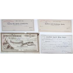 4 pieces, blank checks from Gold Hill, Consolidated Imperial Mining Company stock certificates dated