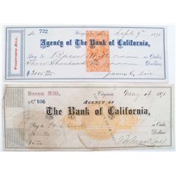 BANK CHECKS FROM THE BANK Of CALIFORNIA,LOT OF 2, DATED 1871-1872, VIRGINIA CITY, NEVADA: Agency Of