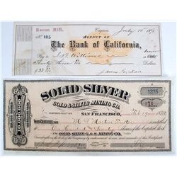 VIRGINIA CITY, NEVADA EPHEMERA GROUP LOT OF 2, 1871-1878: Check, The Bank Of California, for the Bac