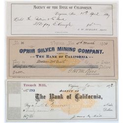 VIRGINIA CITY MINING CHECK GROUP, 1872-1900 LOT OF 3: Agency Of The Bank Of California, for the Tren