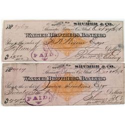 SHUMER & CO. CHECKS (pair) - written on WALKER BROTHERS, BANKERS Shauntic, Beaver County Utah c 1876