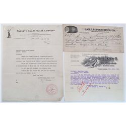 WHISKEY, REMEDIES AND GLASS CO. DOCUMENTS, DATED 1902-1914, LOT OF 3: Promissory Note, Jas.E. Pepper
