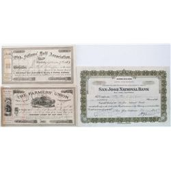 EARLY NOTHERN CALIFORNIA STOCK, 1888-1929,LOT OF 3: 1) The Farmers' Union Of San Jose, California, d