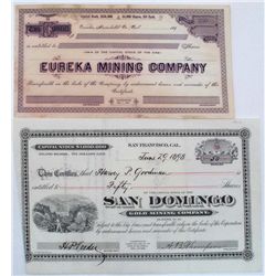 CALIFORNIA STOCK LOT, DATED 1898, LOT OF 2: San Domingo Gold And Silver Mining Company,Calaveras Cou