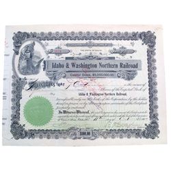IDAHO AND WASHINGTON NOTHERN RAILROAD, STOCK, DATED 1907. The Railroad ran only 105 miles and was so