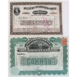 MICHIGAN STOCK LOT, DATED 1901-1902, LOT OF 2: Stock, The Consolidated Lake Superior Company, Michig