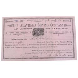 MONTANA MINING STOCK, DATED 1891: The Alavieska Mining Company, Jefferson County, Montana, dated 189