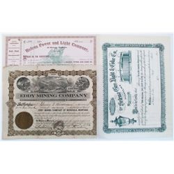 MONTANA, STOCK LOT, 1906, LOT OF 3:Stock, Eddy Mining Company, Missoula, Mont., dated 1906. 2) Uniss