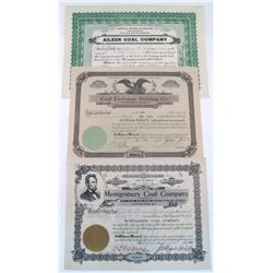 EASTERN COAL MINIG STOCKS, 1923-1927,LOT OF 3: Allan Coal Company, West Virginia, dated 1923. 2) Mon