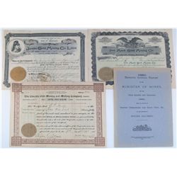 British Columbia Mining Stock Certificate Group plus 1880 Annual Report of the Minister of Mines for