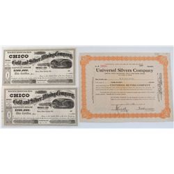 Lot of 3. 1) Chico Gold & Silver Mining Co. Incorporated in Ca. Sept 21, 1867. Unissued. Vignette of