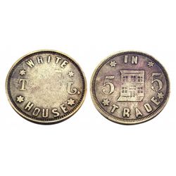 WHITE HOUSE-Saloon Token / 5 IN TRADE- building with boardwalk pictured on reverse-112 E. 3rd Leadvi