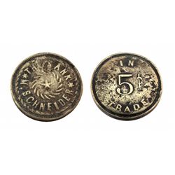 THE BANK*M. SCHNEIDER* Saloon Token / 5 cents IN TRADE-only 5 known-Ref. Pritchard's