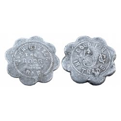 Scalloped Edge Saloon Token-JOHN BITZER*THE BANK BAR / GOOD FOR 5 cents IN TRADE-405 Harrison was ba