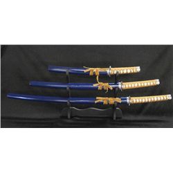Trio Of Blue Katana Samurai Swords With Display