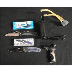 Lot Of 4 - 2 Pocket Knives, Sling Shot & Lighter